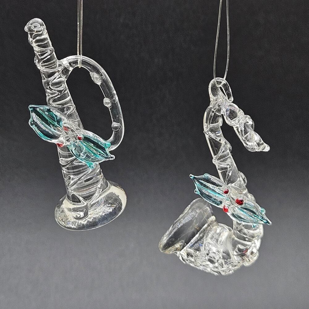 Hand Blown Glass Christmas Ornaments Horn Saxophone Set Holiday Music Holly Spun